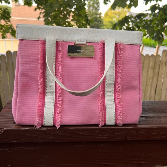 Kate Spade ruffle purse, pink canvas white leather - Picture 1 of 16
